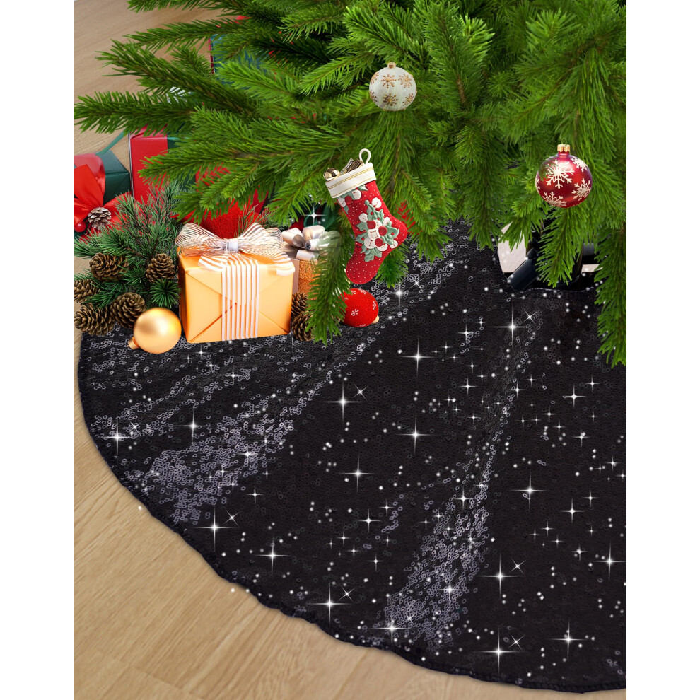 SquarePie Christmas Sequin Tree Skirt Glitter Halloween Decoration 50 Inch Black Thick Satin Backing-image-OPC-PMMJR29-NEW