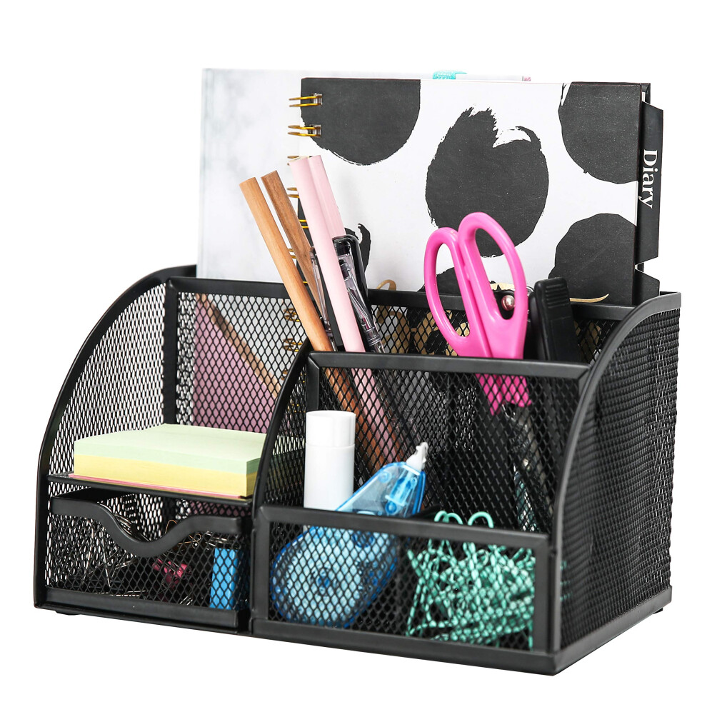 Desk Organiser/Mesh Desk Tidy Caddy/Pen Holder/Multifunctional Organiser with 7 Compartments (White)-image-OPC-PD777W5-NEW