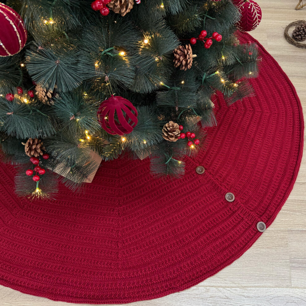72-Inch Rib Knit Christmas Tree Skirt with Oak Buttons Burgundy-image-OPC-PMMJVQH-NEW