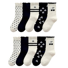 (M ( Suggested Foot Length: 5.5‑6.3in )) 5 Pairs Girls Mid Calf Socks Black White Lace Trim Soft L 6.3-7.1in