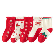 (XL (9‑12 Years Old)) 5 Pairs Baby Girls Crew Socks Strawberry Cotton Medium Length Autumn