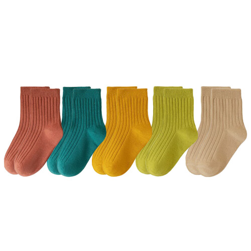 5 Paar Kinder-Mid-Calf-Socken, Kammgarn-Baumwolle, einfarbig