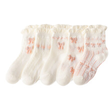 (S for 1‑3 Years Old) 5 Pairs Girl Socks Combed Cotton Lace Pink Bowknot XL 9-12 Years