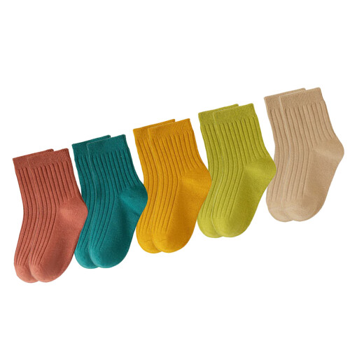 5 Paar Kinder-Mid-Calf-Socken, Kammgarn-Baumwolle, einfarbig 1