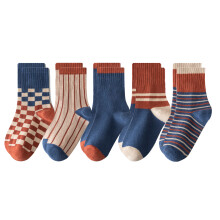 (XL (9‑12 Years Old, 19‑23cm/7.5‑9.1in)) 5 Pairs Kids Soft Combed Cotton Stripe Socks Mid Calf Autumn Winter M