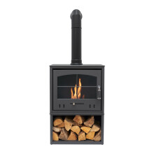 OKO S4 Bio Ethanol Stove with Log Storage in Charcoal Grey with Tall Angled Stove Pipe