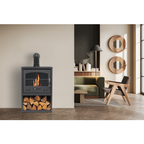 OKO S4 Bio Ethanol Stove with Log Storage in Charcoal Grey with Angled 1