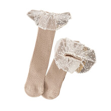 Little Girl Knee High Socks Soft Cotton Dots Lace Trim Khaki