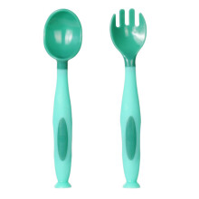 (Green) Baby Fork Spoon Set Short Handles Soft PP Green