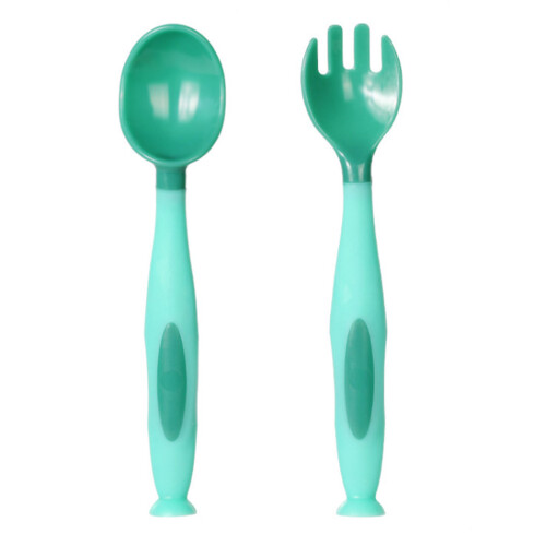 (Green) Baby Fork Spoon Set Short Handles Soft PP Green