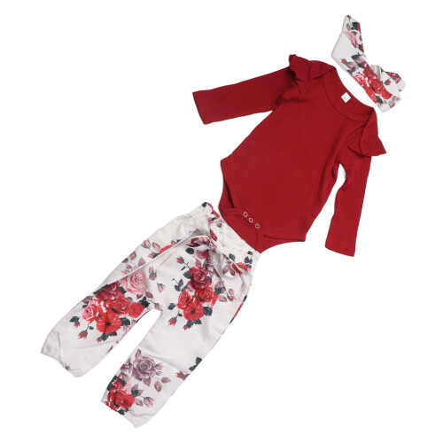 Completo Neonato Stampato Floreale Rosso Vino Cotone 80cm 2