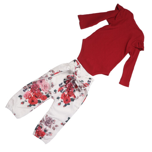 Completo Neonato Stampato Floreale Rosso Vino Cotone 80cm 1