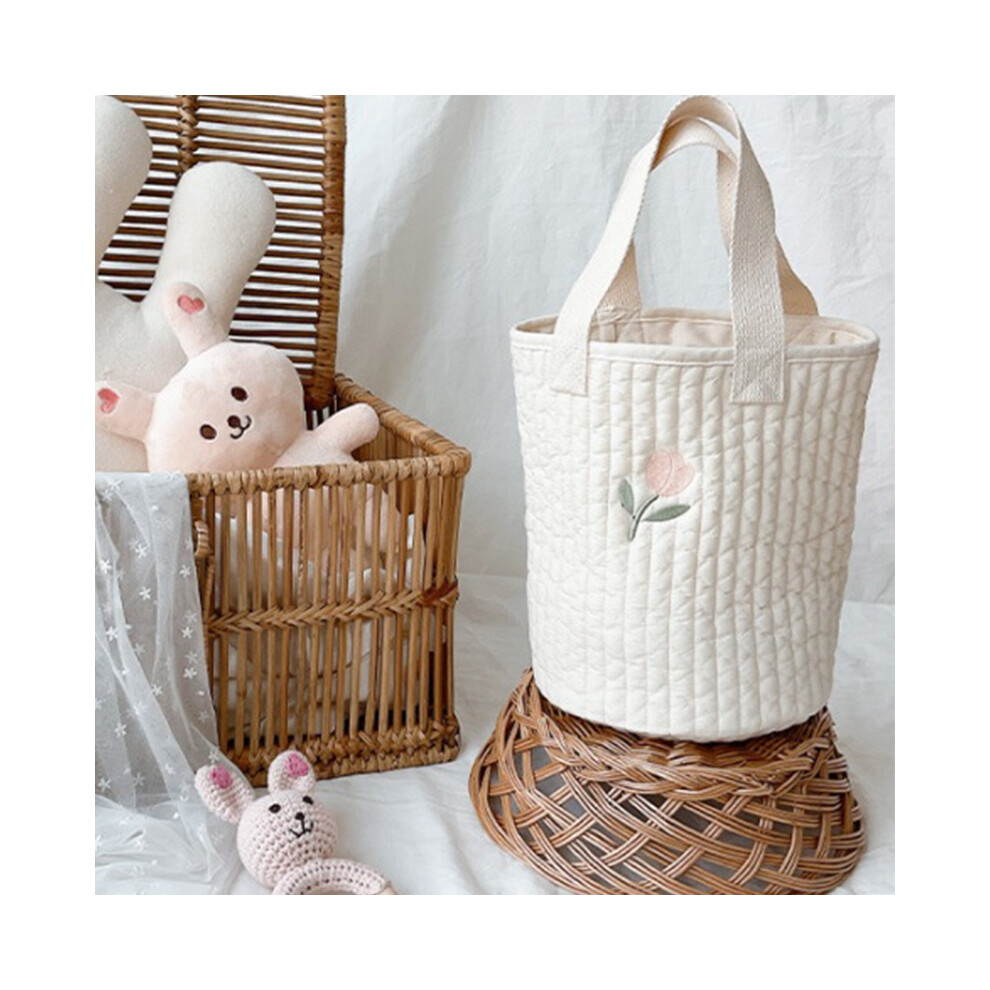 (Big Tulip Pattern) Baby Bottle Storage Bag Cotton Bucket Embroidery Diaper Caddy Stroller