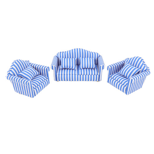 (Blue) 3Pcs Dollhouse Sofa Set Pine Cloth Light Color Red