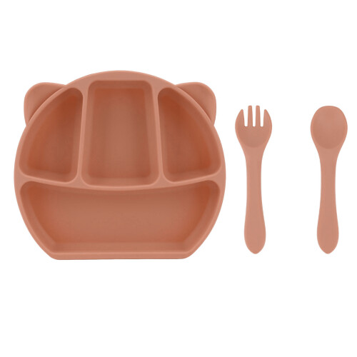 (Brown) Silicone 3-compartment toddler bowl with fork & spoon, brown