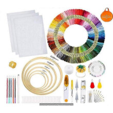 Embroidery Kit, Cross Stitch Kit with Instructions, 5 Bamboo Embroidery Hoops, 100 Colorful Threads, 3 Pieces Fabric and Cross Stitch Tools for Sewing
