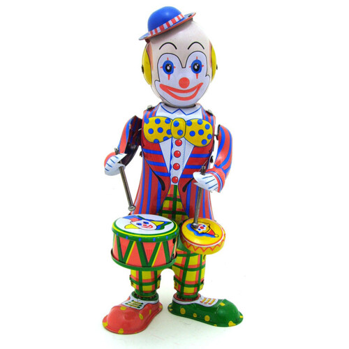 Vintage Wind-Up Tin Drumming Clown Robot Clockwork 2