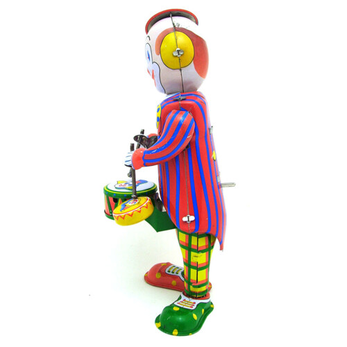 Vintage Wind-Up Tin Drumming Clown Robot Clockwork 1