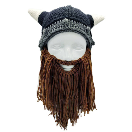 2 PCS Handmade Funny Horns Hat Beard Removable Crochet-S Brown