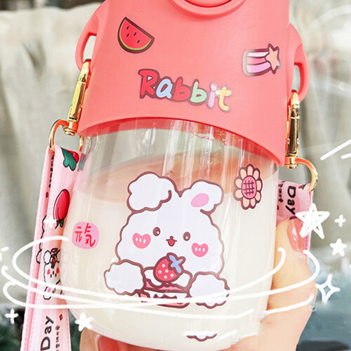 (Pink) Straw Cup PC PP Silicone 600ml Cute Portable Pink 2