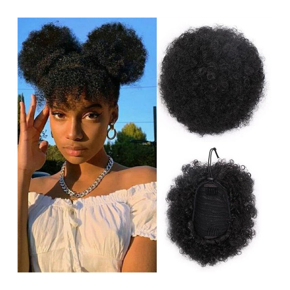 Unisex Black Messy Bun Hair Synthetic Hair Bun, Afro Kinky Curly Clip-In Drawstring Ponytail For Women, Color 1B, 6 Inch
