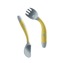 (Yellow) Bent Handle Baby Fork Spoon Set Soft PP Toddler Utensils Yellow
