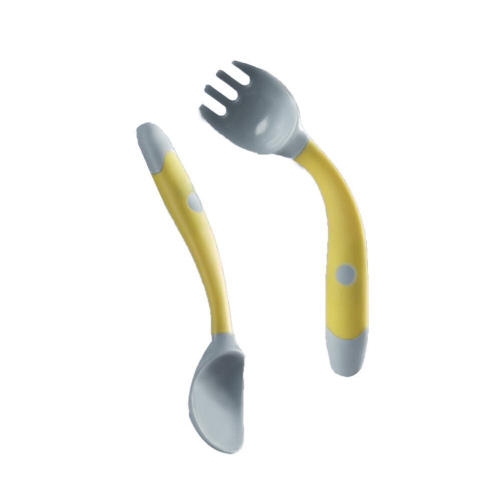 (Yellow) Baby Fork Spoon Set Bent Handles Soft Pp Toddler Utensils Yellow