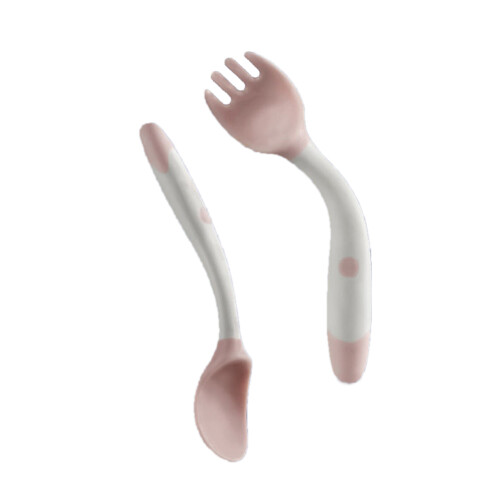 (Pink) Bent Handle Baby Fork Spoon Set Soft PP Toddler Utensils Yellow