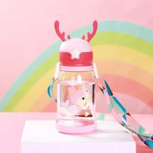 (Pink Fish) 600ml Geweih-Wasserflasche mit Strohhalm, Rosa Fisch
