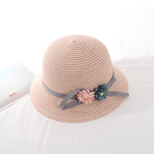 (Light Pink) Eltern-Kind-Strohhut mit Blume, Sonnenschutz, rosa