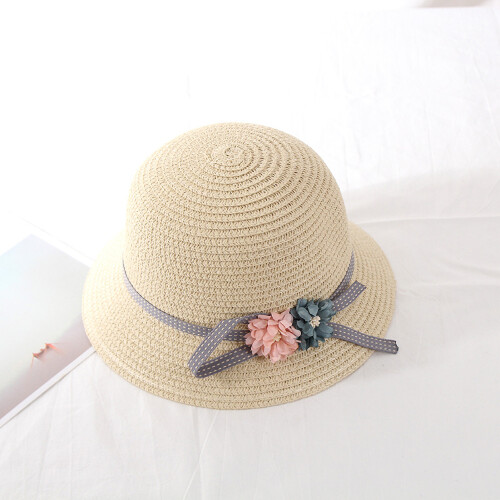 (Beige) Eltern-Kind-Strohhut mit Blume, Sonnenschutz, rosa