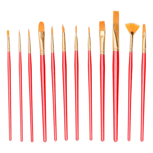 (Red) 12x Pinselset Holzgriff Wasserfarbe Acryl Rot 2