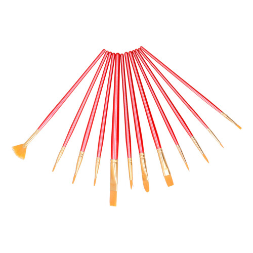(Red) 12x Pinselset Holzgriff Wasserfarbe Acryl Rot 1