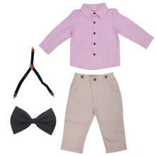 (Rose 80cm) Baby Boy Outfit Stripe Shirt Suspender Pants Bow Tie Suit Pink 80cm