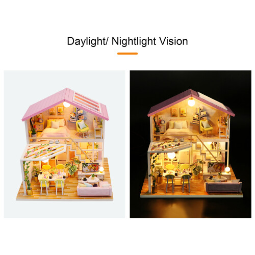 Kit Casina delle Bambole Legno con Mobili e Luce LED 1