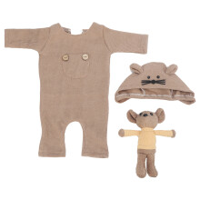 (Brown Hat + Toy + Jumpsuit) Neugeborenen-Fotoprops: Hut & Strampler-Set, grau, mit Spielzeug