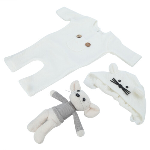 (White Hat + Doll + Rompers) Knitted Baby Rompers Mouse Hat Set 1