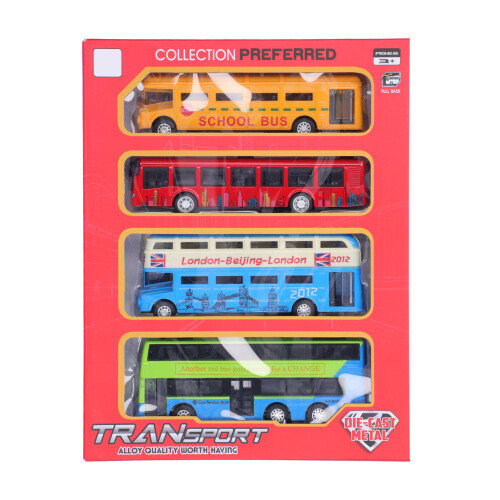 (C) 4Pcs Alloy Bus Toys Set Educational Pull Back Vehicle