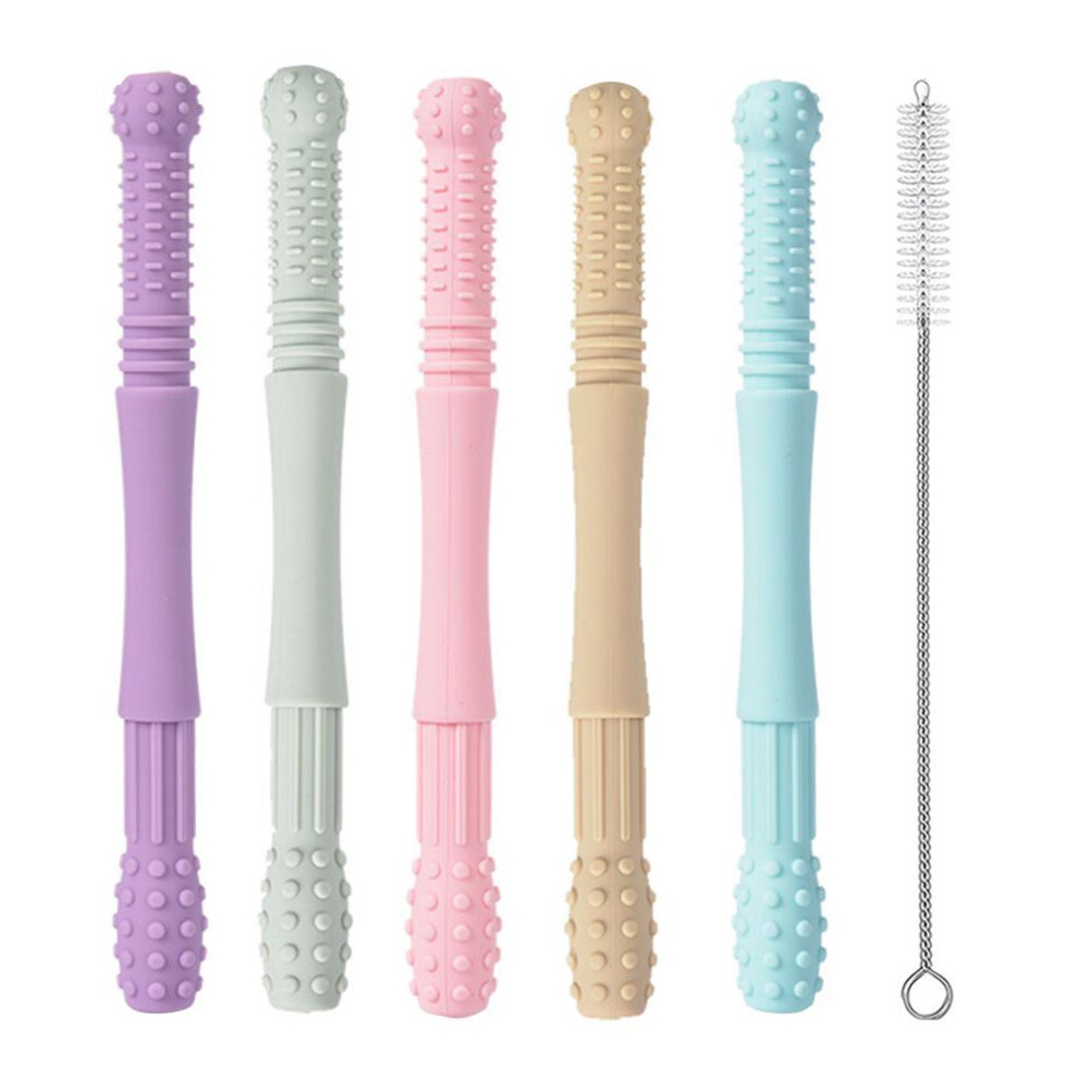5Pcs Hollow Silicone Teething Tubes with Cleaning Brush