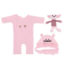 (Pink) 3tlg. Babyfoto-Props: Strickmütze & Kostüm Weiß