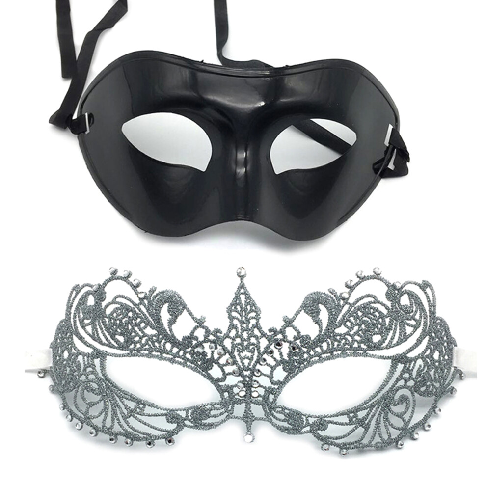 Black Couple Masquerade Mask Venetian Party Mask Lace Mask Half-Set