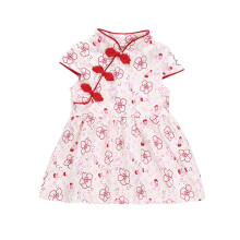 (Flower Print 110) Chinese Style Kid Dress Short Sleeve One Piece Girl Summer Flower 110
