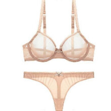 (75D, flesh colored) Ultra-thin Cup, Mesh Lace Underwear, Unlined Bra Panties Set