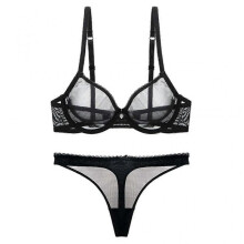 (95C, black) Ultra-thin Cup, Mesh Lace Underwear, Unlined Bra Panties Set