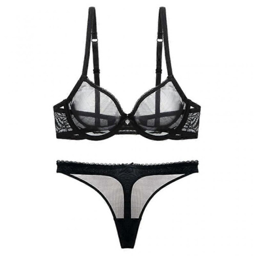 (75E, black) Ultra-thin Cup, Mesh Lace Underwear, Unlined Bra Panties Set