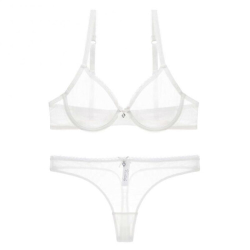 (80D, White) Ultra-thin Cup, Mesh Lace Underwear, Unlined Bra Panties Set