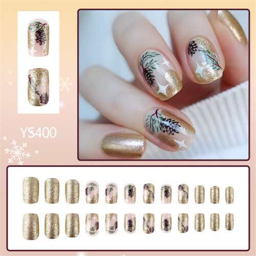 Glittering Stick on Nail with Christmas Tree Winter False Nail 1