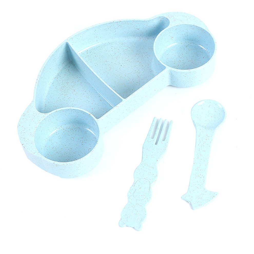 3Pcs Wheat Straw Kid Cartoon Fork Spoon Bowl Set Blue