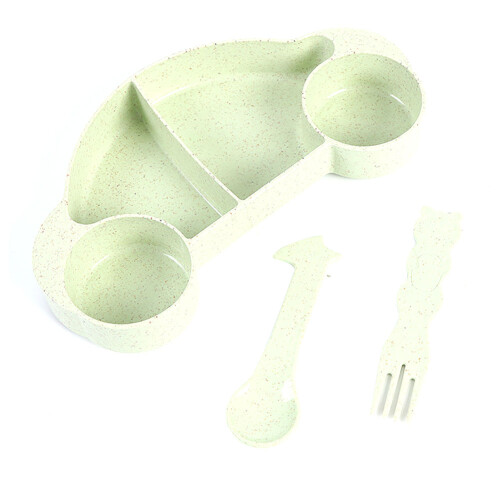 3x Weizenstroh-Kinderbesteck Set Löffel Gabel Schüssel Grün