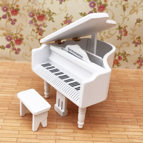Mini Wooden Grand Piano w/ Stool White 1:12 2